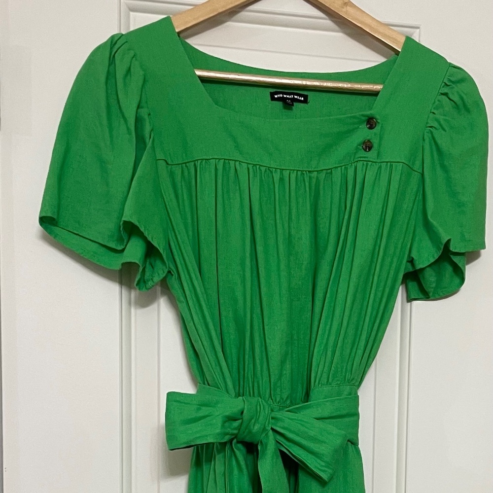 Who What Wear Linen Dress M Green Midi Square Neckline W/Sash Like New! Preppy!